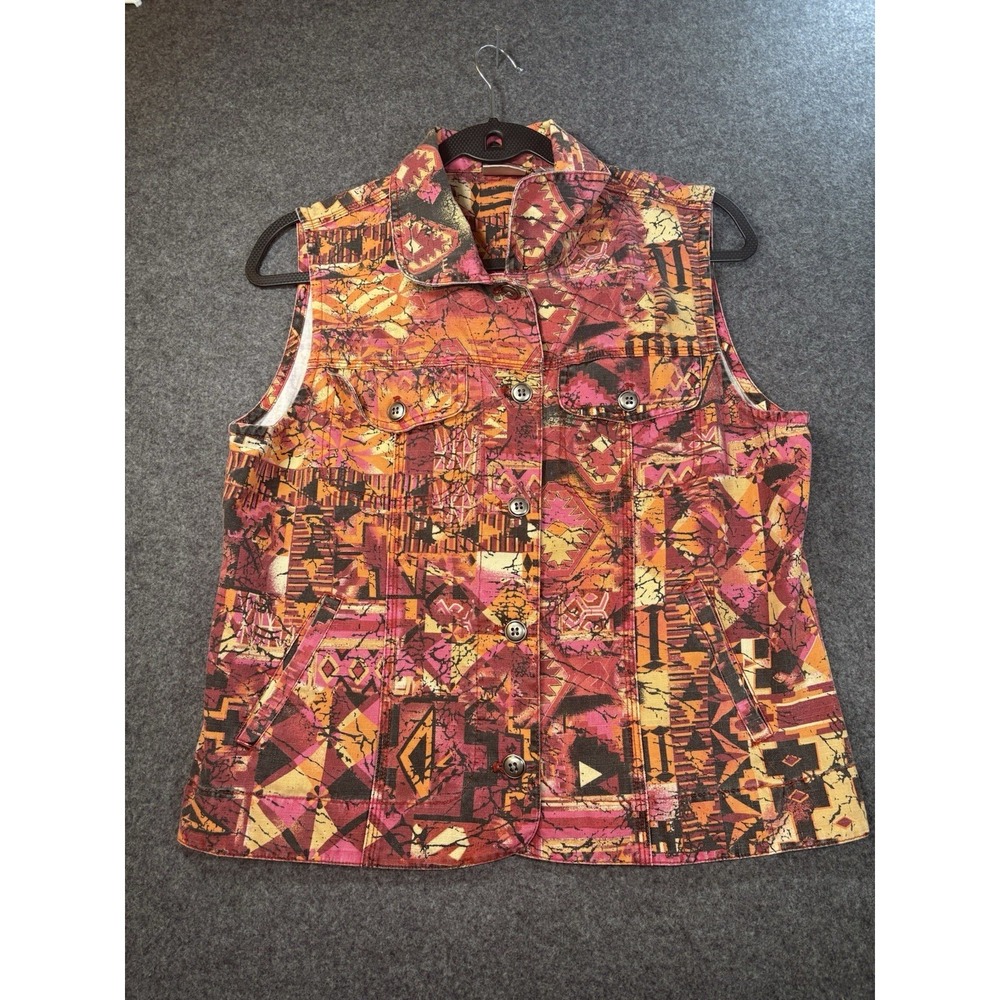 Chico's Vintage Geometric Print Cotton Denim Vest Size 1